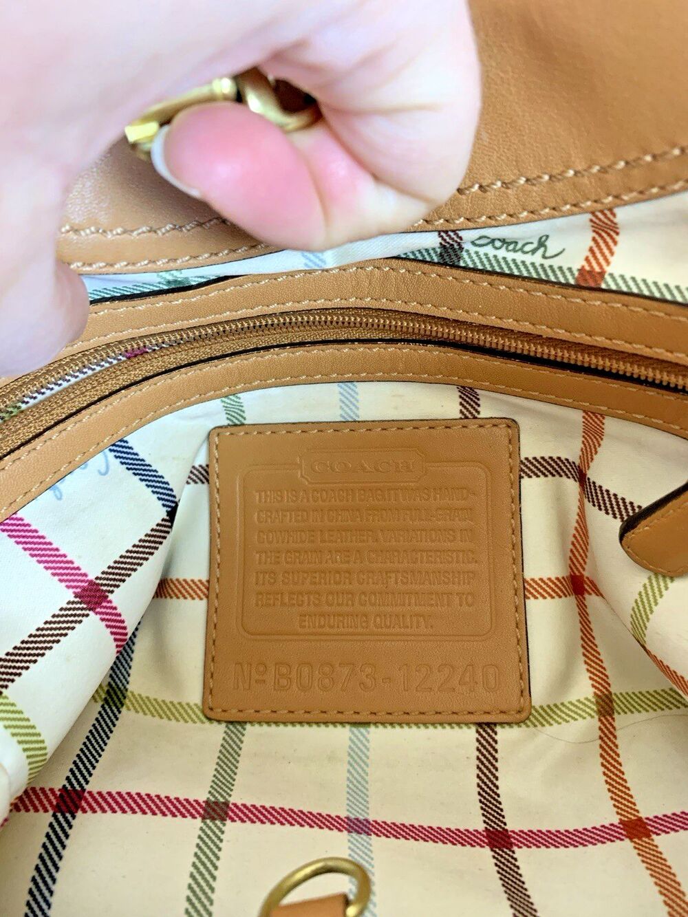Coach Pleated Ergo Tote #12240 Tan Leather Tattersall Lining 2008 Shoulder Bag - Picture 4 of 16